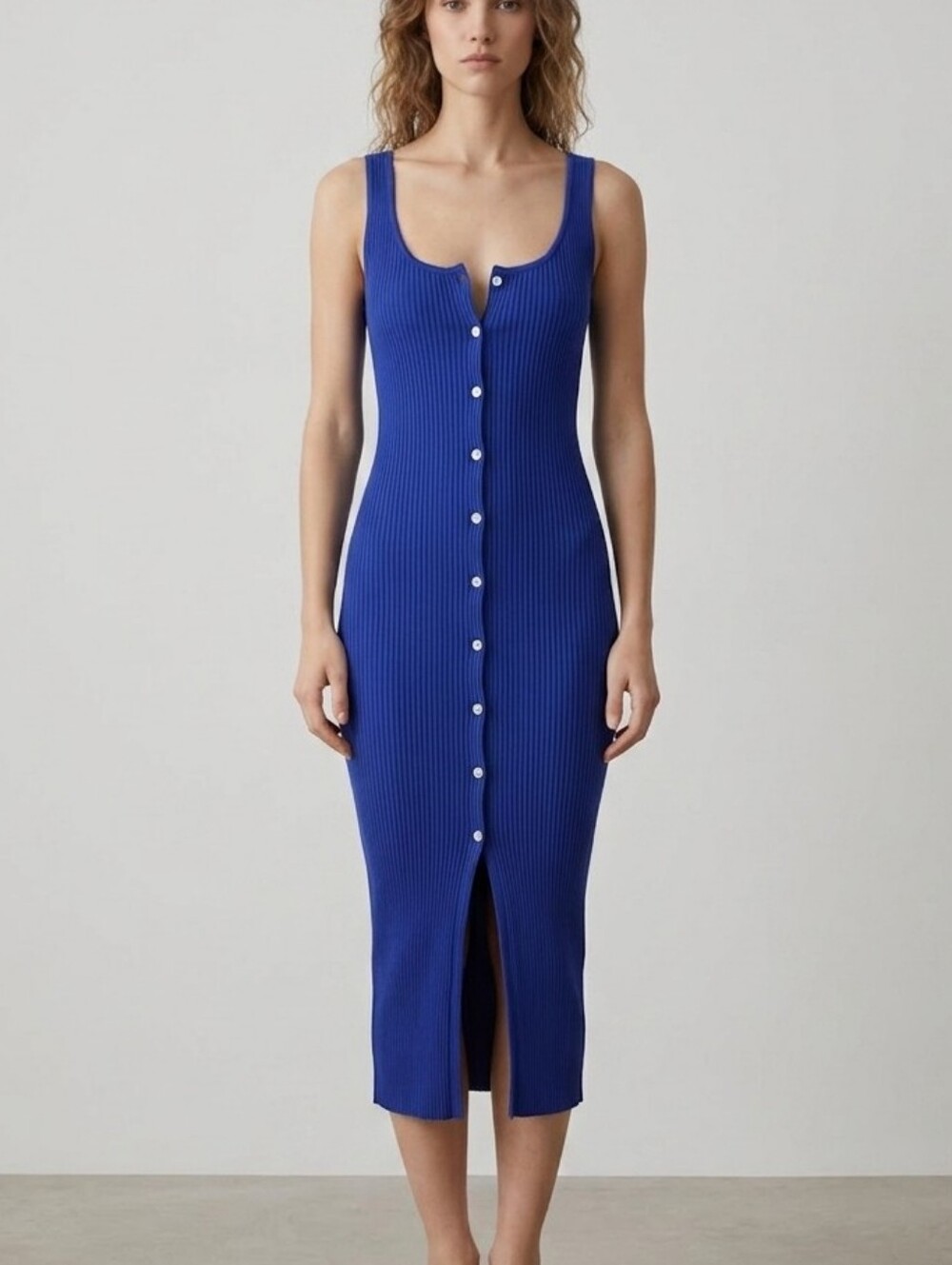 Zara Ribbed Button-Front Midi Dress - Blue